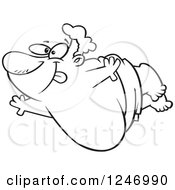 Clipart Of A Black And White Cartoon Chubby Man Doing A Belly Flop Royalty Free Vector Illustration