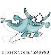 Clipart Of A Cartoon Blue Horned Monster Jumping Royalty Free Vector Illustration