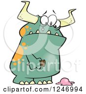 Clipart Of A Sad Green Monster Crying Over Dropped Ice Cream Royalty Free Vector Illustration by toonaday