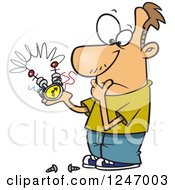 Clipart Of A Cartoon Caucasian Man Pondering On How To Repair A Thingee Royalty Free Vector Illustration