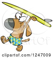 Cartoon Surfer Dog Walking With His Board Over His Head
