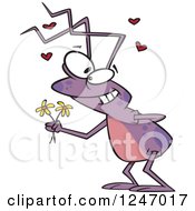 Clipart Of A Romantic Purple Bug Holding Out Flowers Royalty Free Vector Illustration