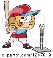 Cartoon Focused Caucasian Boy Batting A Tee Ball