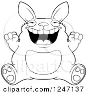 Clipart Of A Black And White Fat Rabbit Sitting And Cheering Royalty Free Vector Illustration