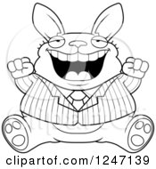 Clipart Of A Black And White Fat Business Rabbit Sitting And Cheering Royalty Free Vector Illustration