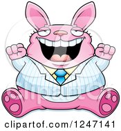 Poster, Art Print Of Fat Pink Business Rabbit Sitting And Cheering