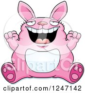 Clipart Of A Fat Pink Rabbit Sitting And Cheering Royalty Free Vector Illustration