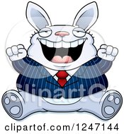 Clipart Of A Fat Blue Business Rabbit Sitting And Cheering Royalty Free Vector Illustration