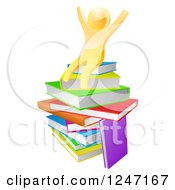 3d Gold Man Sitting On A Stack Of Books And Cheering