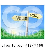 Clipart Of 3d Failure Or Success Arrow Signs Over Hills And A Sunrise Royalty Free Vector Illustration