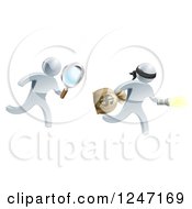 3d Silver Detective Chasing A Robber With A Magnifying Glass