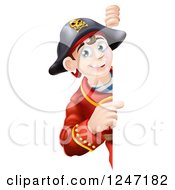 Happy Young Pirate Captain Looking Around And Pointing To A Sign