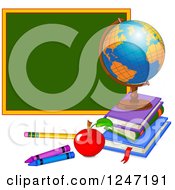 Poster, Art Print Of Geography Desk Globe With Books School Accessories And Chalkboard