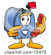 Blue Postal Mailbox Cartoon Character Holding A Telephone by Mascot Junction
