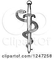 Black And White Woodcut Medical Sword With An Entwined Snake