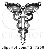 Black And White Woodcut Double Snake Caduceus With A Winged Sword