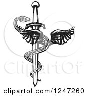 Clipart Of A Black And White Woodcut Mayan Plumed Winged Serpent On The Rod Of Aesculapius Sword Royalty Free Vector Illustration by xunantunich