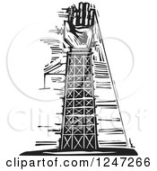 Poster, Art Print Of Black And White Woodcut Tower And Arm Under Construction