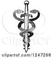 Black And White Woodcut Medical Sword With Two Entwined Snakes