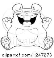 Clipart Of A Black And White Fat Mouse Sitting And Cheering Royalty Free Vector Illustration