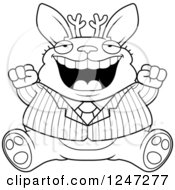 Clipart Of A Black And White Fat Business Jackalope Sitting And Cheering Royalty Free Vector Illustration