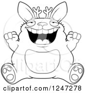 Clipart Of A Black And White Fat Jackalope Sitting And Cheering Royalty Free Vector Illustration