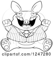 Clipart Of A Black And White Fat Business Aardvark Sitting And Cheering Royalty Free Vector Illustration