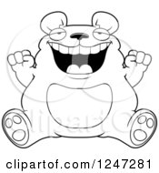 Clipart Of A Black And White Fat Bear Sitting And Cheering Royalty Free Vector Illustration