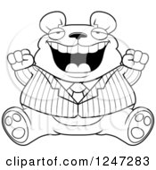Clipart Of A Black And White Fat Business Bear Sitting And Cheering Royalty Free Vector Illustration