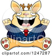 Clipart Of A Fat Business Jackalope Sitting And Cheering Royalty Free Vector Illustration by Cory Thoman