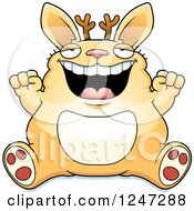 Clipart Of A Fat Jackalope Sitting And Cheering Royalty Free Vector Illustration by Cory Thoman