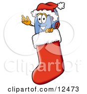 Blue Postal Mailbox Cartoon Character Wearing A Santa Hat Inside A Red Christmas Stocking by Mascot Junction