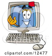 Blue Postal Mailbox Cartoon Character Waving From Inside A Computer Screen by Mascot Junction