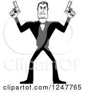 Clipart Of A Black And White Male Spy Holding Up Two Pistols Royalty Free Vector Illustration by Cory Thoman