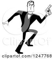 Black And White Sneaky Male Spy Holding Up A Pistol