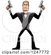 Blond Caucasian Male Spy Holding Up Two Pistols