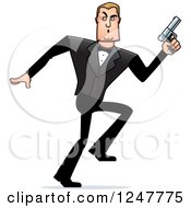 Blond Sneaky Caucasian Male Spy Holding Up A Pistol