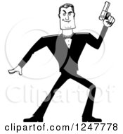 Clipart Of A Black And White Male Spy Holding Up A Pistol Royalty Free Vector Illustration