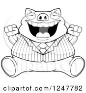 Clipart Of A Black And White Fat Business Pig Sitting And Cheering Royalty Free Vector Illustration