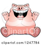 Clipart Of A Fat Pig Sitting And Cheering Royalty Free Vector Illustration