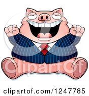 Poster, Art Print Of Fat Business Pig Sitting And Cheering