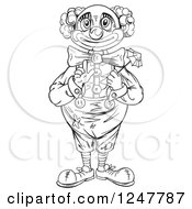 Clipart Of A Black And White Clown Holding A Tiny Umbrella Royalty Free Vector Illustration