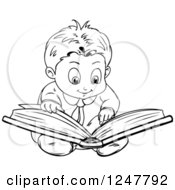 Clipart Of A Black And White Boy Reading A Book On The Floor Royalty Free Vector Illustration