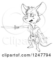 Clipart Of A Black And White Super Mouse Holding Out A Sword Royalty Free Vector Illustration