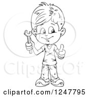 Clipart Of A Black And White Boy Holding A Wrench Royalty Free Vector Illustration