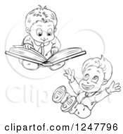 Clipart Of A Black And White Boy Reading And Cheering Royalty Free Vector Illustration