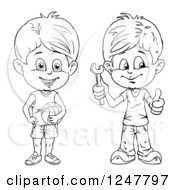 Clipart Of Black And White Boys Holding A Wrench And Basketball Royalty Free Vector Illustration