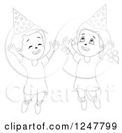 Clipart Of Sketched Black And White Happy Girls Jumping In Party Hats Royalty Free Vector Illustration