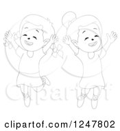 Clipart Of Black And White Sketched Happy Girls Jumping Royalty Free Vector Illustration