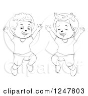Clipart Of Black And White Happy Boys Jumping Royalty Free Vector Illustration